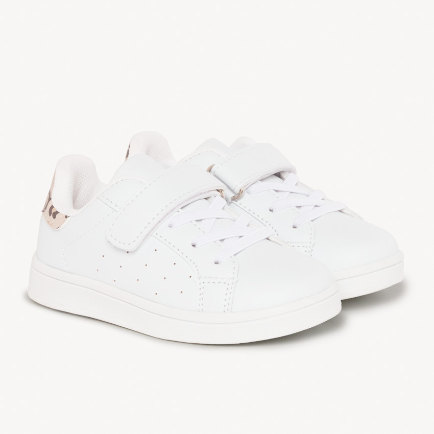 Lage witte sneakers met elastische veters, klittenband en luipaardprint achterkant voor meisjes 