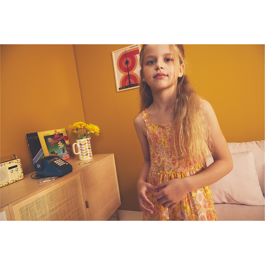 Combinaison longue à smocks imprimé fleurs retro pour fille 