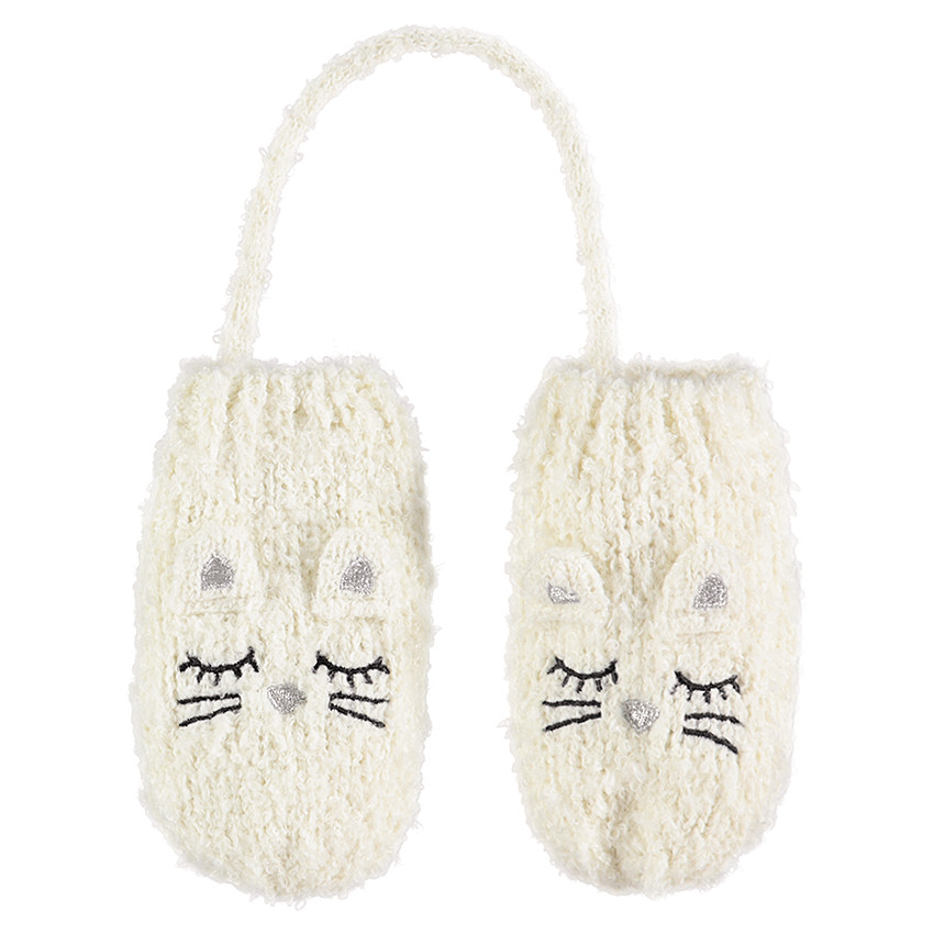 Moufles en tricot doux écru avec oreilles en relief et détails brodés 
