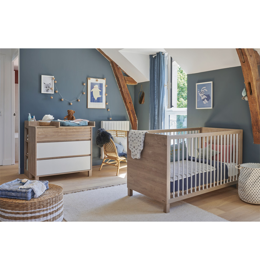 Commode 3 tiroirs en chêne blond et blanc Achille  