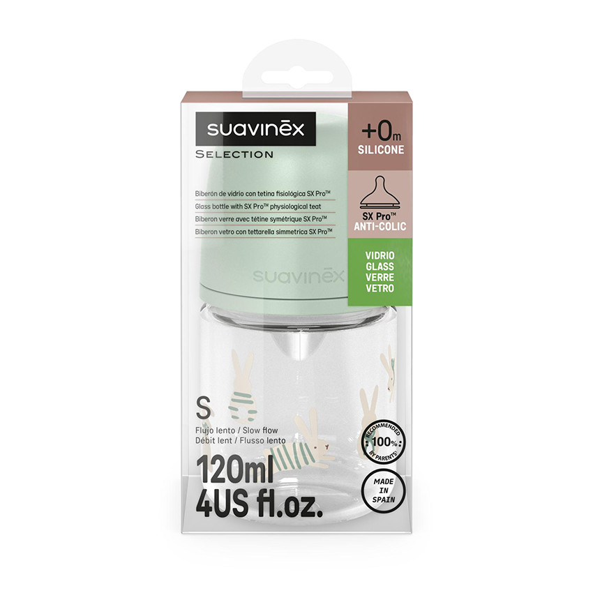 Biberon en verre avec tétine physiologique SX Pro S 120 ml Wonderland petits lapins vert 