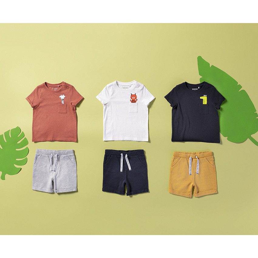 Bermuda in effen fleece met bedrukte koorden voor baby jongen 