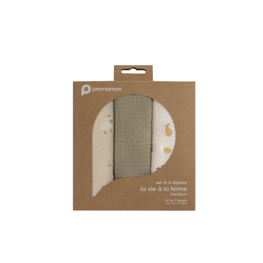 Set van 3 katoenen gaas luiers 70 x 70 cm La Vie à la Ferme 