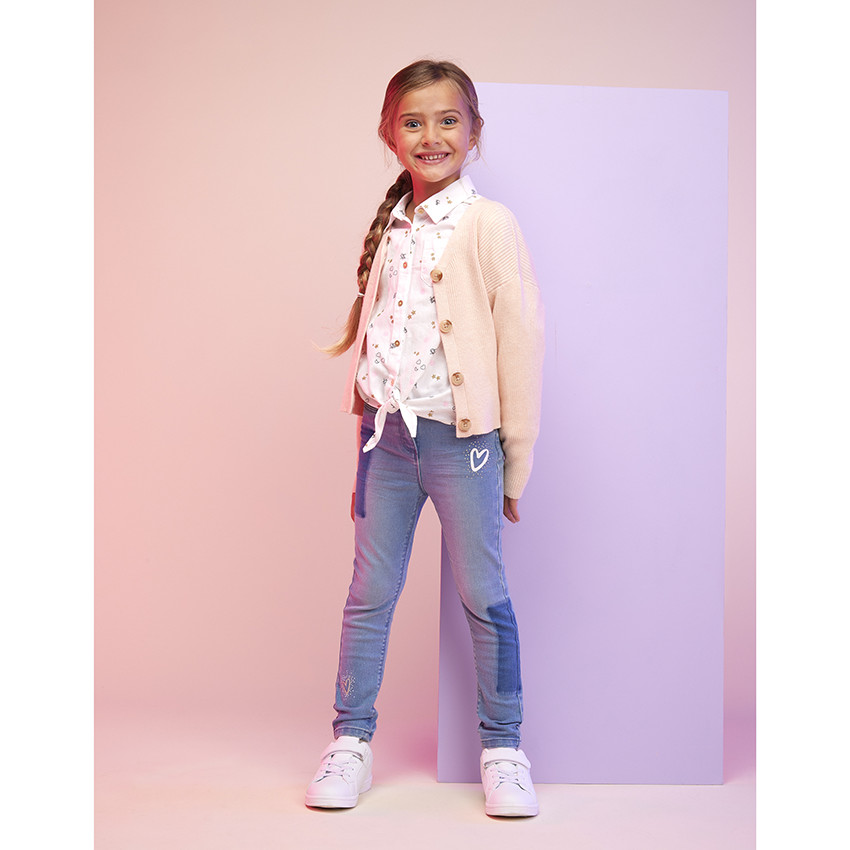 Jeans slim in denim met patchwork-effect en strass voor meisjes 