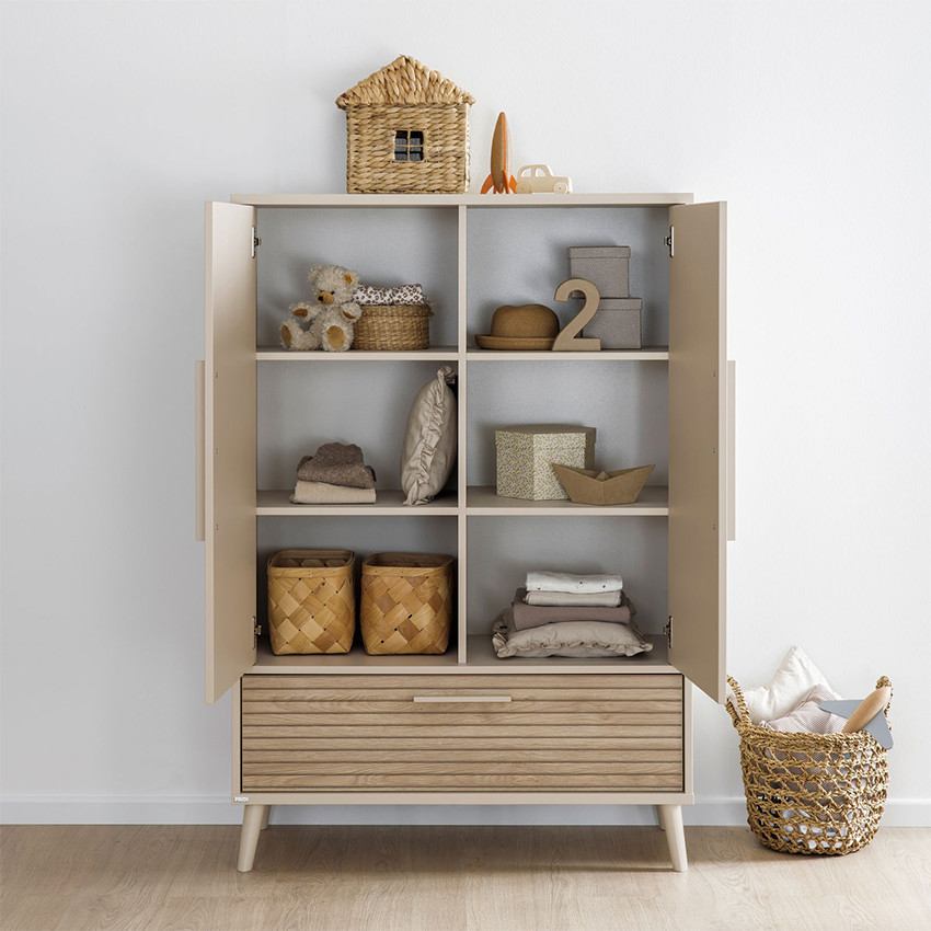 Armoire 2 portes et 1 tiroir Tiny Eefje Cashmere Beige/Groovy Chêne 