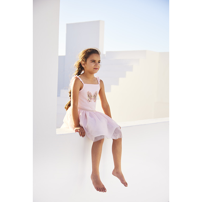 Jurk met bretellen 2-in-1 effect met vlinderprint in pailletten voor meisjes 