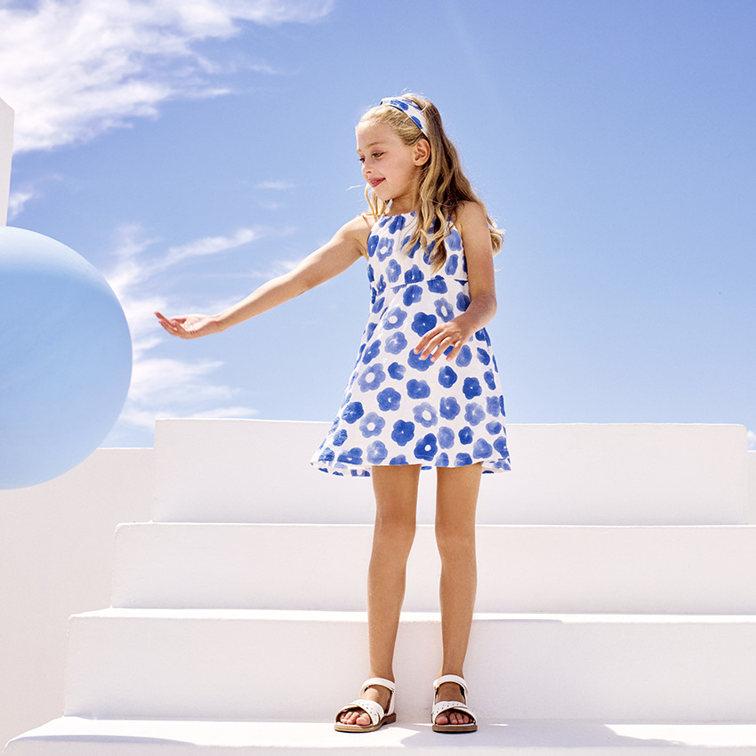 Robe sans manches imprimé floral et taille à nouer pour fille 