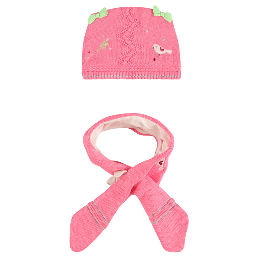 Ensemble bonnet et écharpe en tricot avec broderies et noeuds fantaisie 