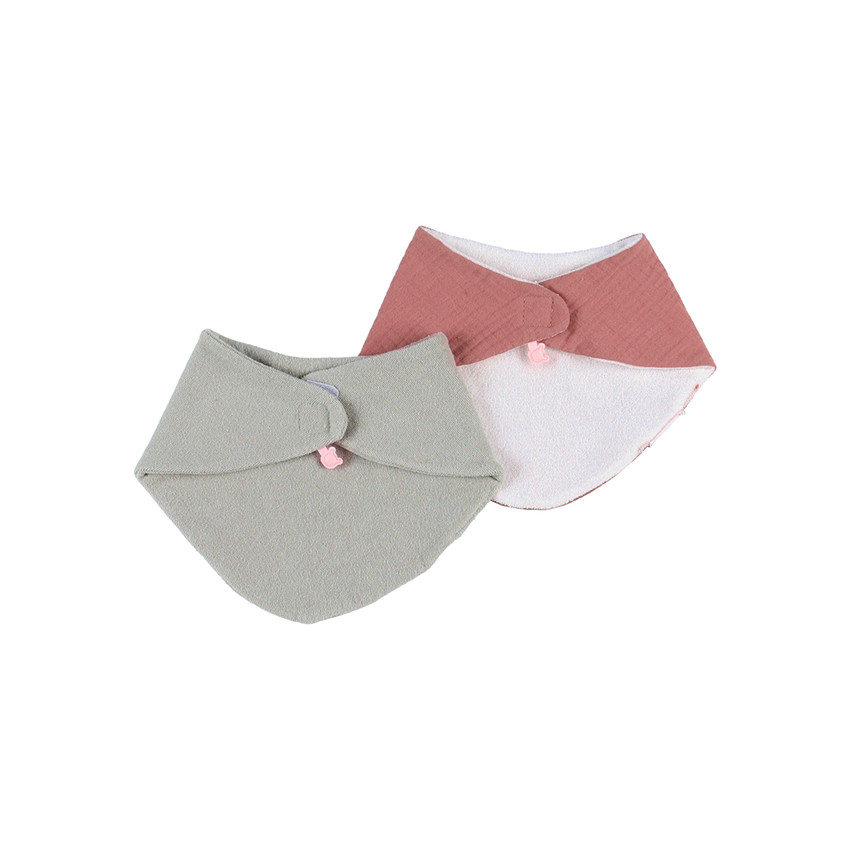 Lot de 2 bavoirs bandanas en gaze et éponge rouge/kaki 