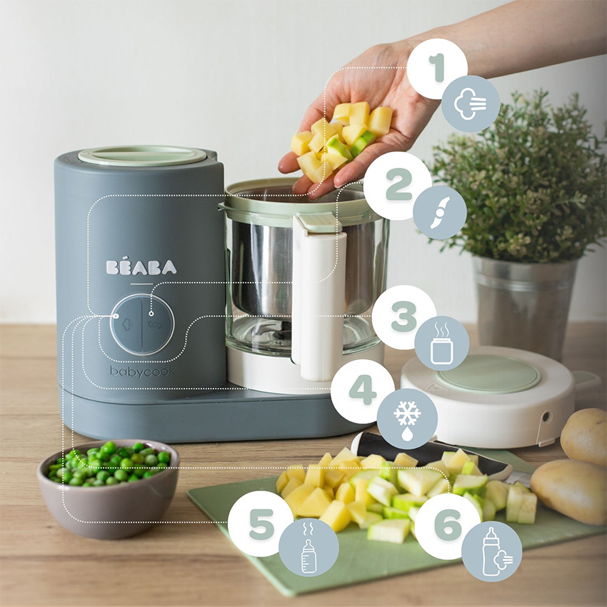 Pack robot cuiseur bébé Babycook Neo gris mineral + 2 pots + 2 cuillères 