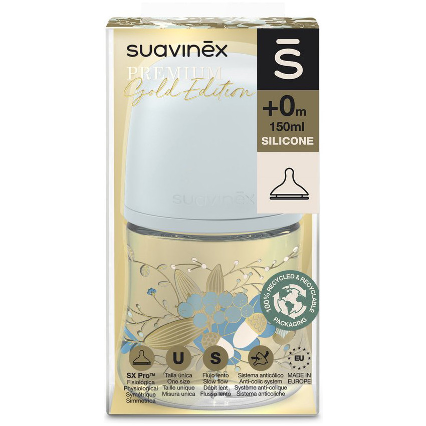 Biberon silicone flux lent Gold Bleu 150ml 