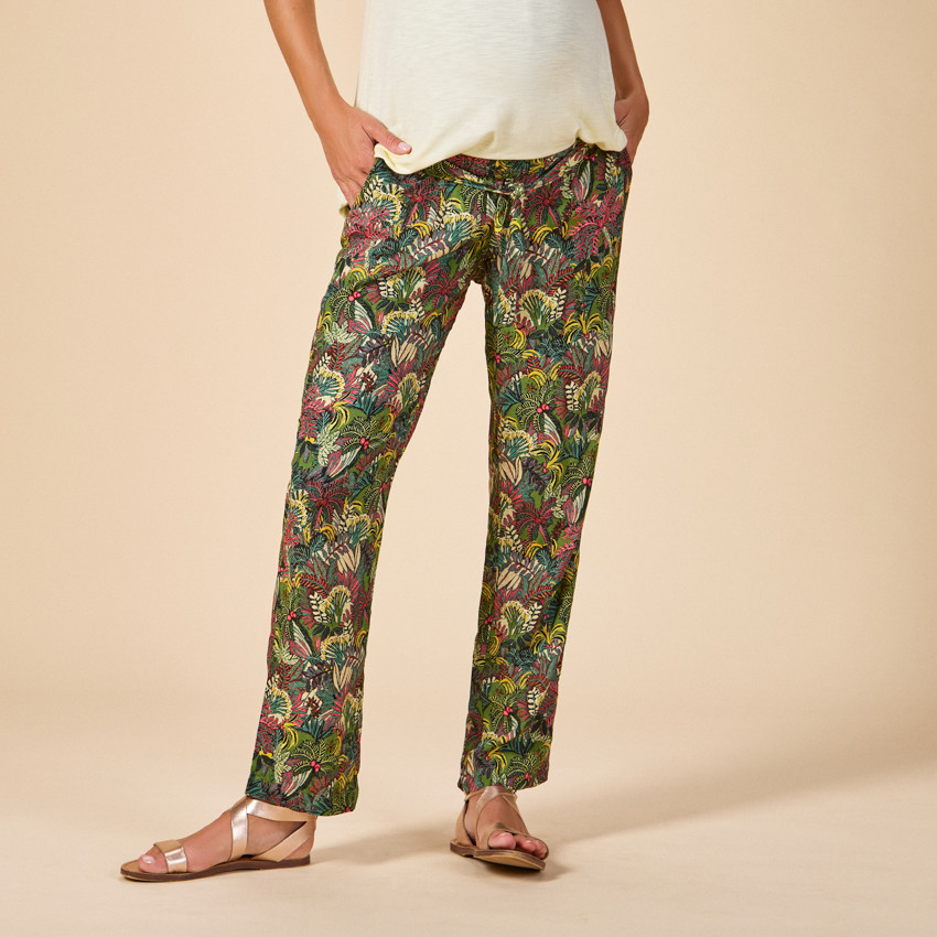 Pantalon large et fluide avec ceinture à nouer imprimé feuillage pour femme 