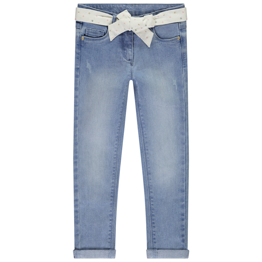 Jean slim effet usé avec ceinture foulard à nouer pour fille  