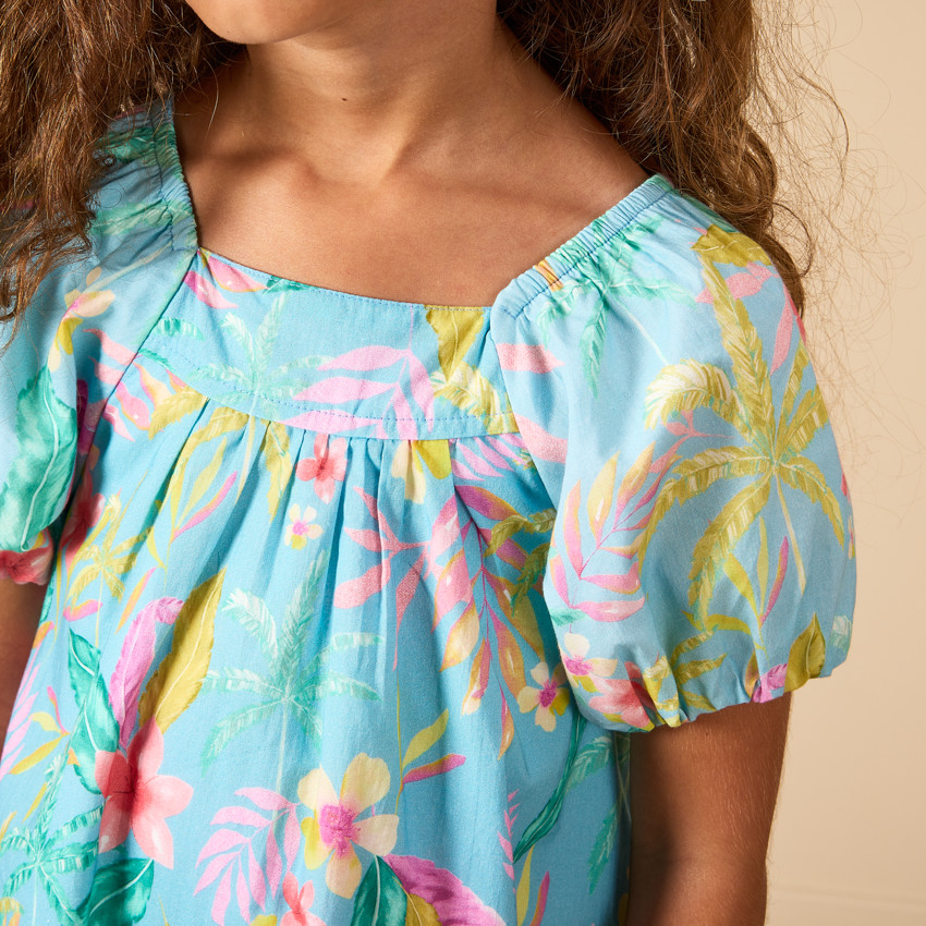 Robe manches courtes ballons imprimé exotique pour fille 