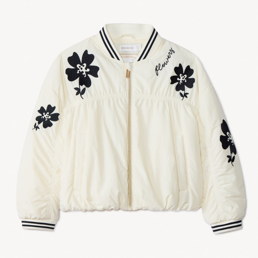 Oversized bomberjack van stof met gekreukt effect en bloemen voor meisjes 