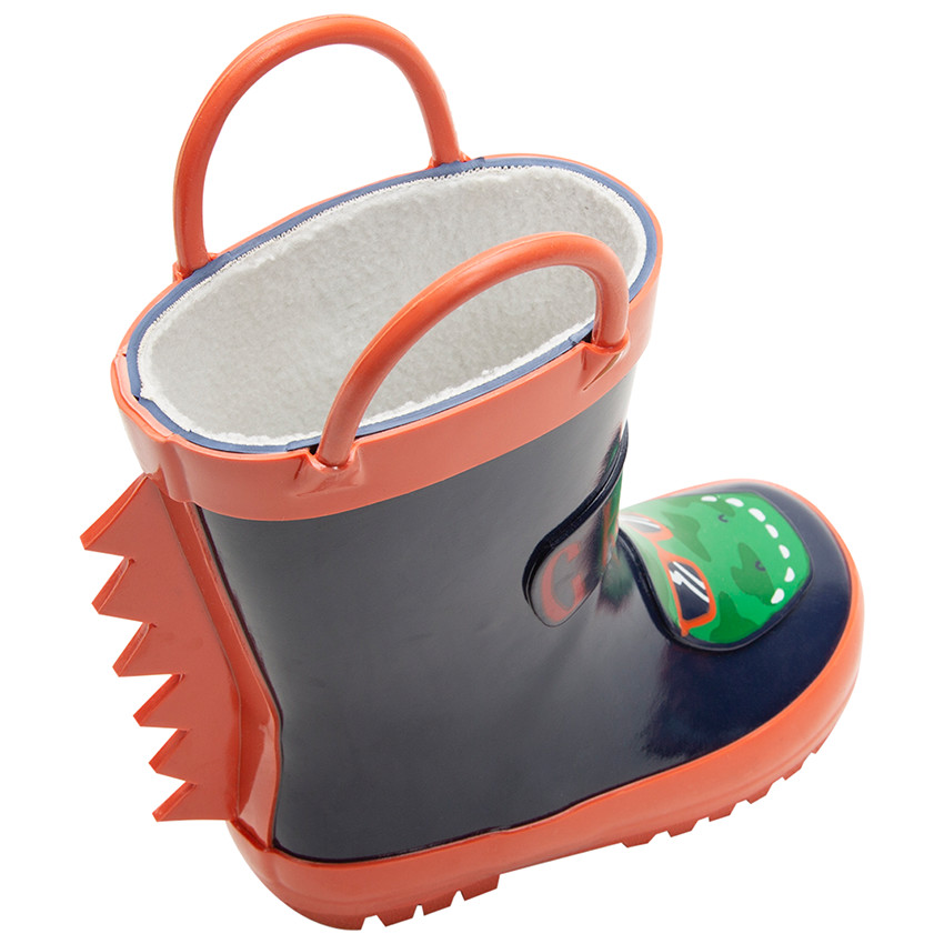 Rubberen regenlaarzen met handgrepen en dinosaurusbadge van maat 24 tot 29 